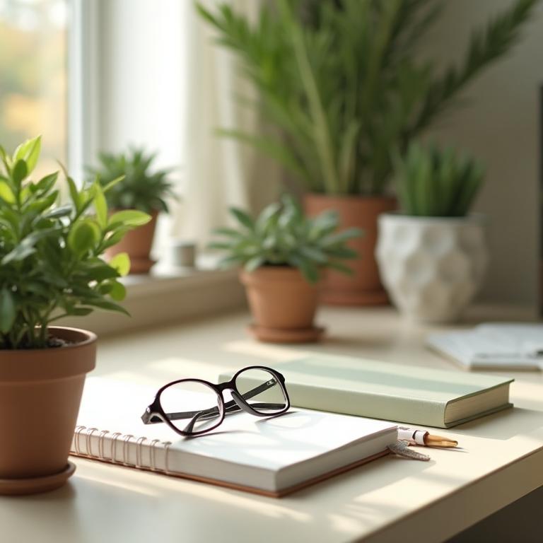 Clean desk with notebook, glasses, and plants in warm light